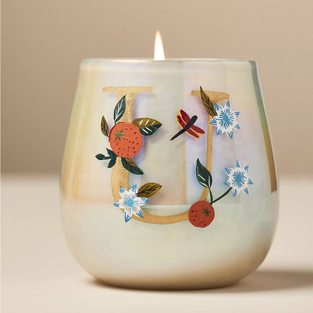 Anthropologie FRUITY MONOGRAM FLORAL NIGHT GARDENIA GLASS CANDLE Style 94002599